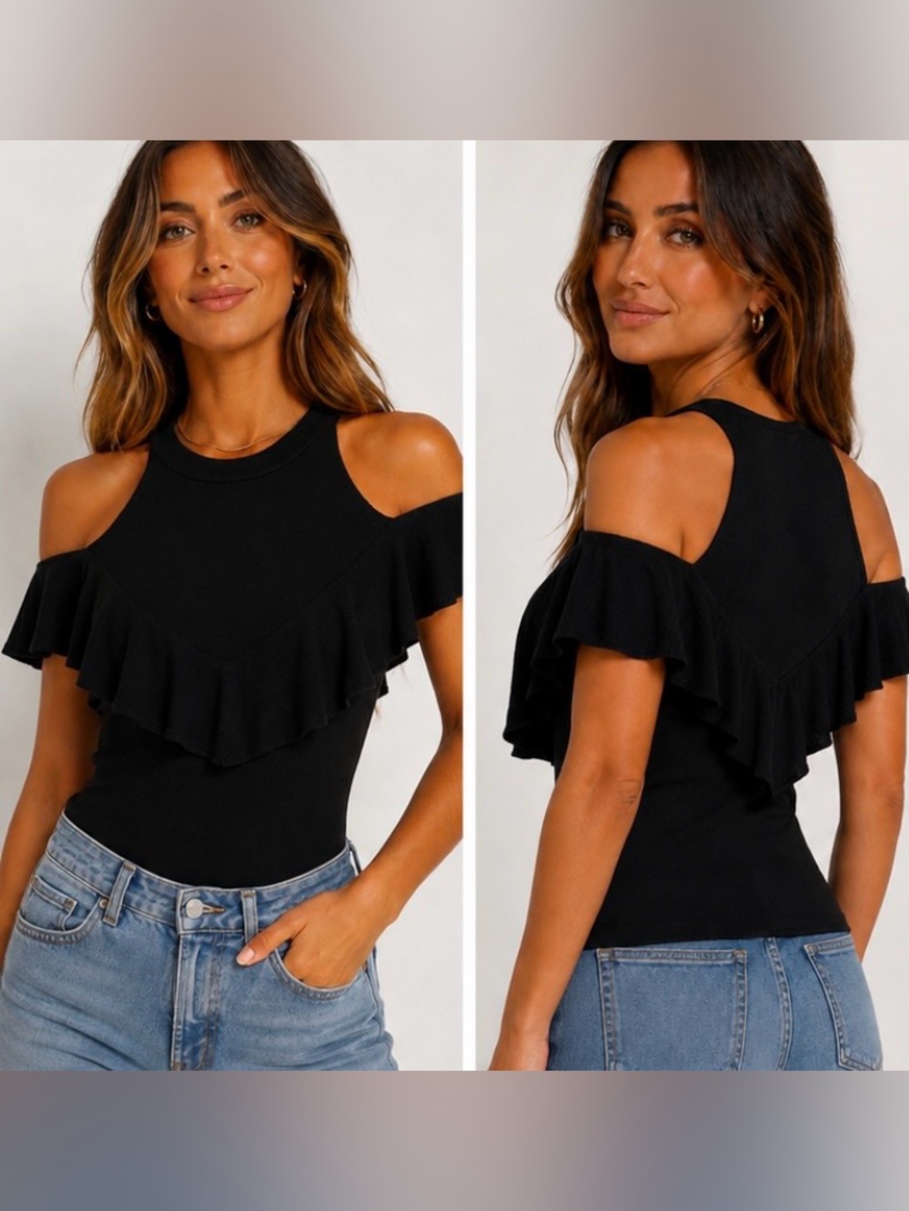 EXPRESS Black Knit Cold Shoulder Sweater Halter Top with Flutter Sleeves
